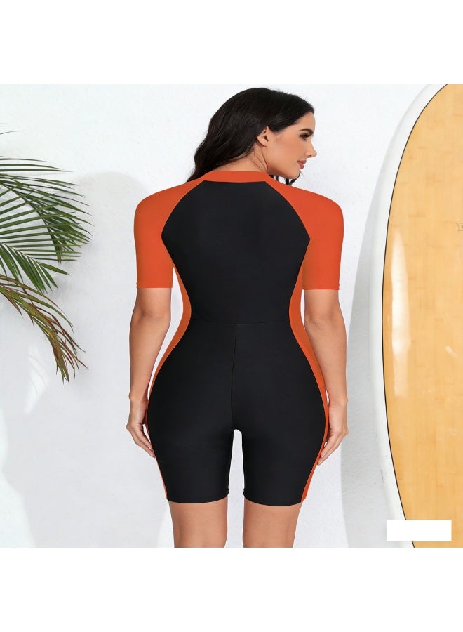 Loquat Women's Color Block Ribbed One Piece Swimsuit, Short Sleeve Zipper Front Rash Guard for Surfing Diving - Image 3