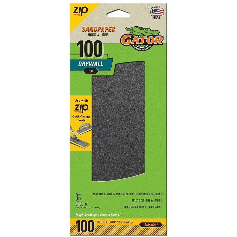 Ali Industries Gator 7157 Hook and Loop Fine 100-Grit Drywall Sheet Sandpaper, 4.5 x 10.5 Inch, 6 Sheets - Image 1