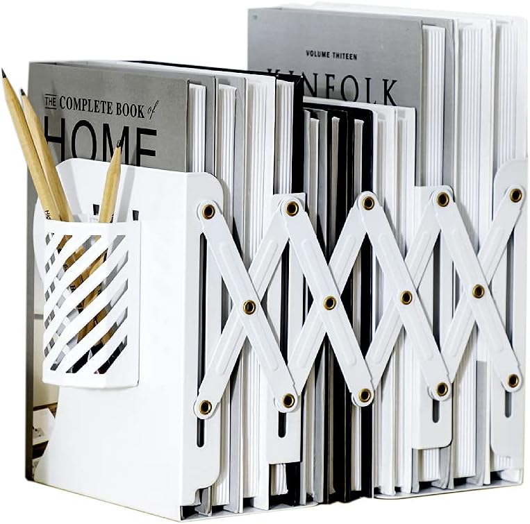 Gardesk Adjustable Bookends Metal Book Ends for Heavy Book Holder Heavy Duty Bookends Nonskid Bookcase Desktop Book Organizer Binder Holder (White) - Image 1