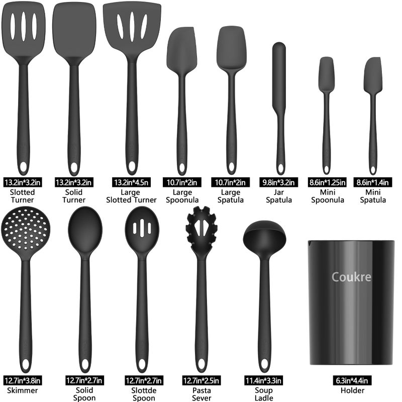 Coukre Silicone Kitchen Cooking Utensils Set with Holder â€“ Heat-Resistant, Food-Grade Kitchen Tools, Spatula, Spoon & Gadgets for Non-Stick Pans, Dishwasher Safe (14, PureBlack) - Image 2