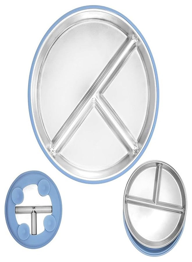 RENVA Stainless Steel Kids Plates Suction Plate for Baby,Divided Toddler Plates with Removable Silicone Sleeves for Mess-Free Feeding, Non-Toxic, Non-Slip (Blue, 1 Plate) - Image 1