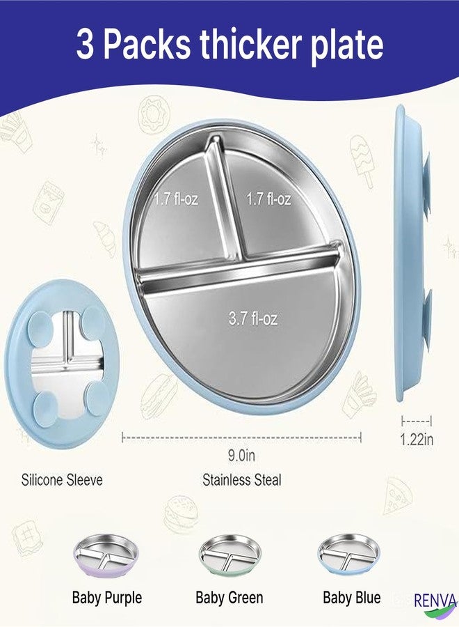 RENVA Stainless Steel Kids Plates Suction Plate for Baby,Divided Toddler Plates with Removable Silicone Sleeves for Mess-Free Feeding, Non-Toxic, Non-Slip (Blue, 1 Plate) - Image 2