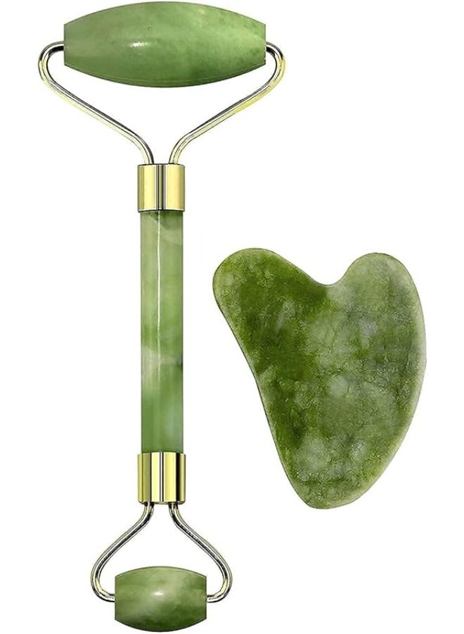Facial Massager Jade Roller & Gua Sha Tool Set – 100% Natural Himalayan Jade Stone for Face & Neck Massage, Anti-Aging, Wrinkle Reduction, and Serum Absorption – (Jade Stone with Gua Sha) - Image 1