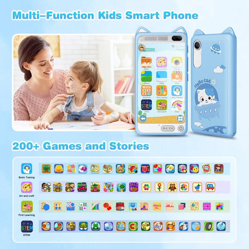 E teacher Kids Phone 3.97"" Touchscreen Toddler Smart Phone Learning Toys With Educational Games  2000Ma High-Capacity Kids Cell Phone For Boys Age 3-12  Toy Phone With Puzzle Game  8Gb Sd Card (Blue) - Image 2