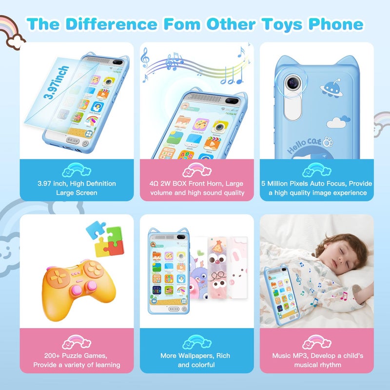 E teacher Kids Phone 3.97"" Touchscreen Toddler Smart Phone Learning Toys With Educational Games  2000Ma High-Capacity Kids Cell Phone For Boys Age 3-12  Toy Phone With Puzzle Game  8Gb Sd Card (Blue) - Image 3