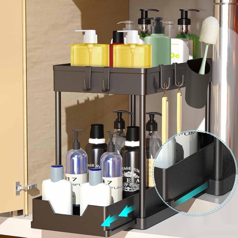 ESTAMINE 2-Tier Under Sink Organizer Rack, Sliding Storage Basket with Hooks, Cabinet Organizer for Kitchen and Bathroom, Black - Image 3