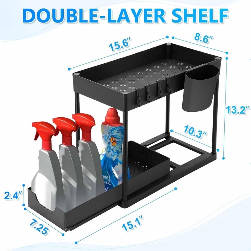 ESTAMINE 2-Tier Under Sink Organizer Rack, Sliding Storage Basket with Hooks, Cabinet Organizer for Kitchen and Bathroom, Black - Image 2