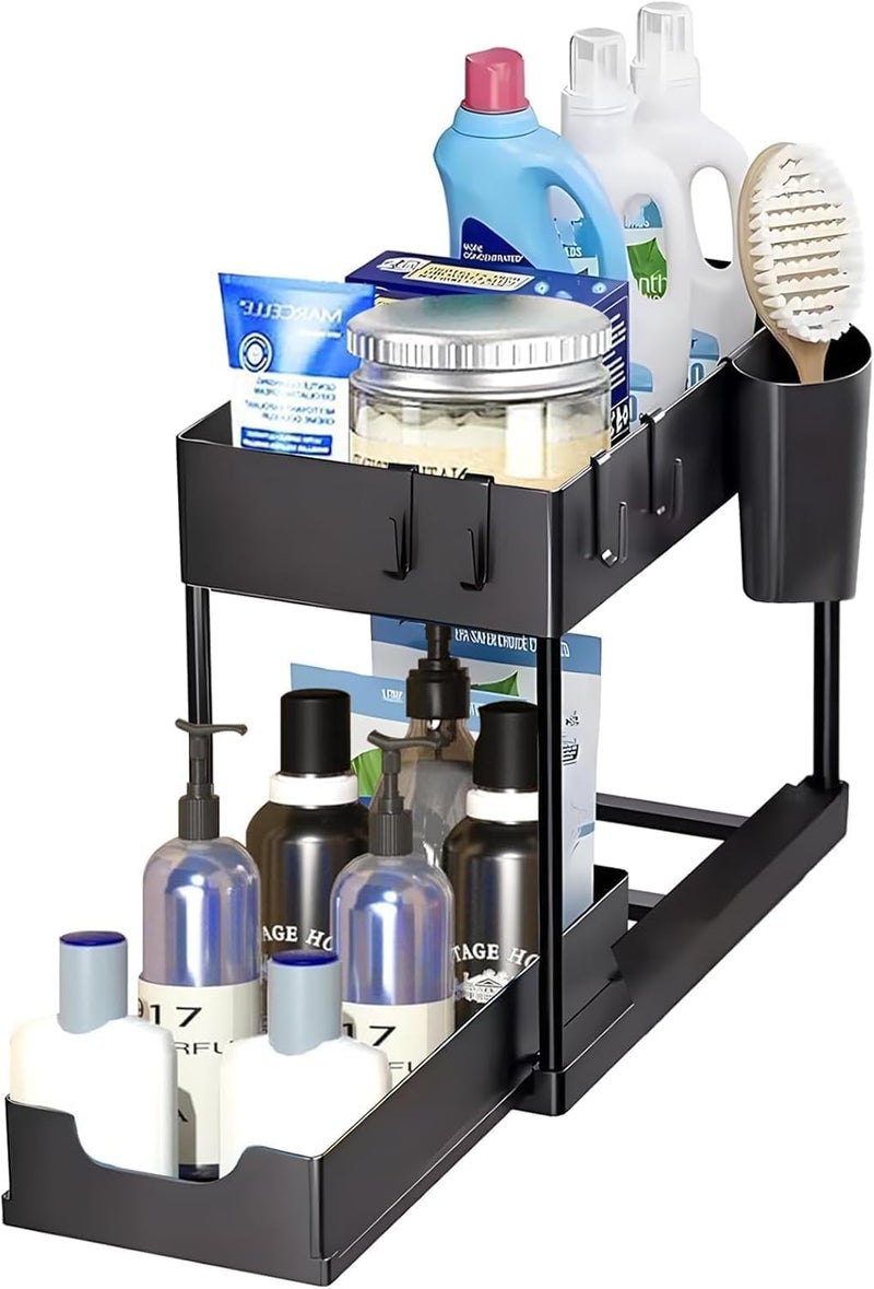 ESTAMINE 2-Tier Under Sink Organizer Rack, Sliding Storage Basket with Hooks, Cabinet Organizer for Kitchen and Bathroom, Black - Image 1