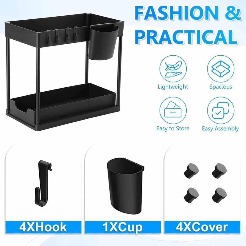 ESTAMINE 2-Tier Under Sink Organizer Rack, Sliding Storage Basket with Hooks, Cabinet Organizer for Kitchen and Bathroom, Black - Image 5