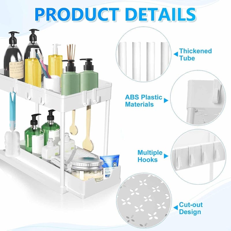 ESTAMINE 2-Tier Under Sink Organizer Rack, Sliding Storage Basket with Hooks, Cabinet Organizer for Kitchen and Bathroom, Black - Image 4