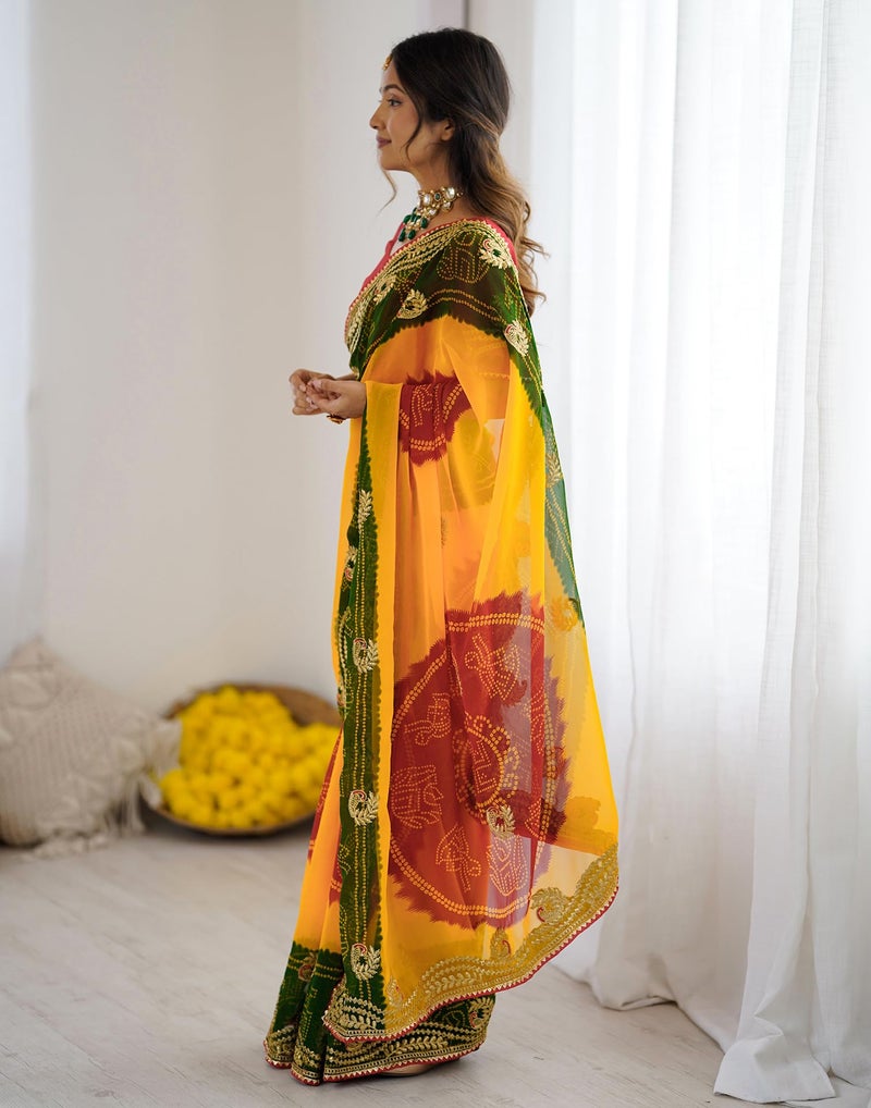 SIRIL Women's Georgette Bandhani Printed Saree with Unstitched blouse (4132S139_Red & Yellow & Green) - Image 3