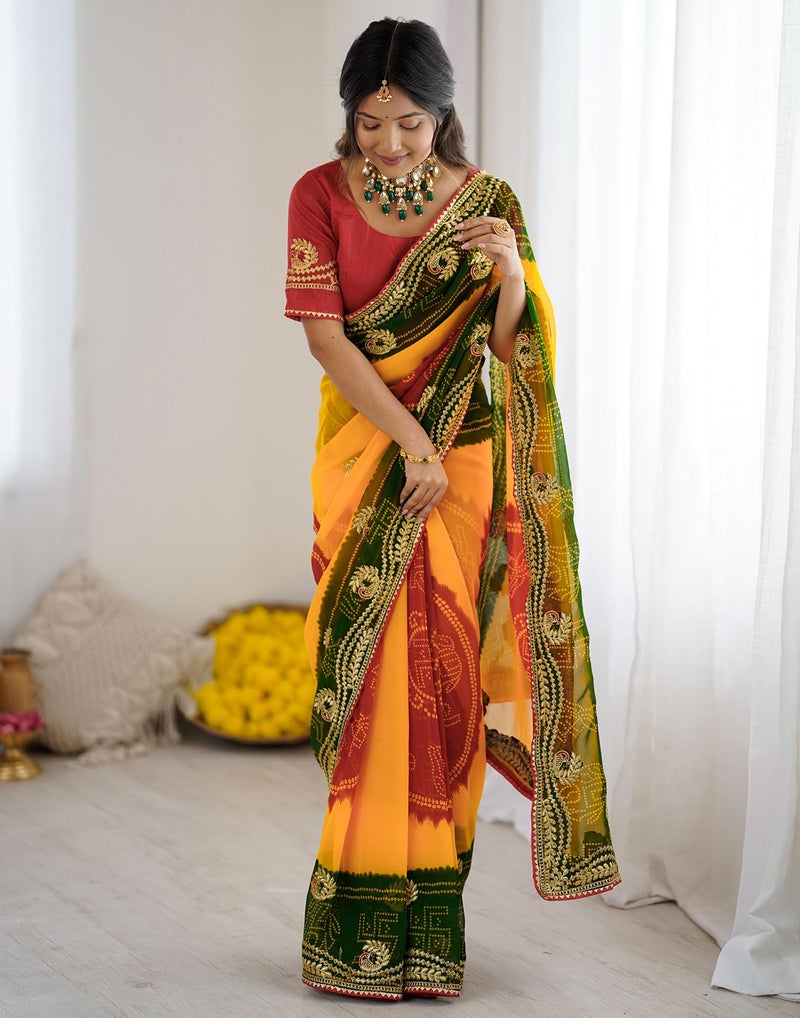 SIRIL Women's Georgette Bandhani Printed Saree with Unstitched blouse (4132S139_Red & Yellow & Green) - Image 4