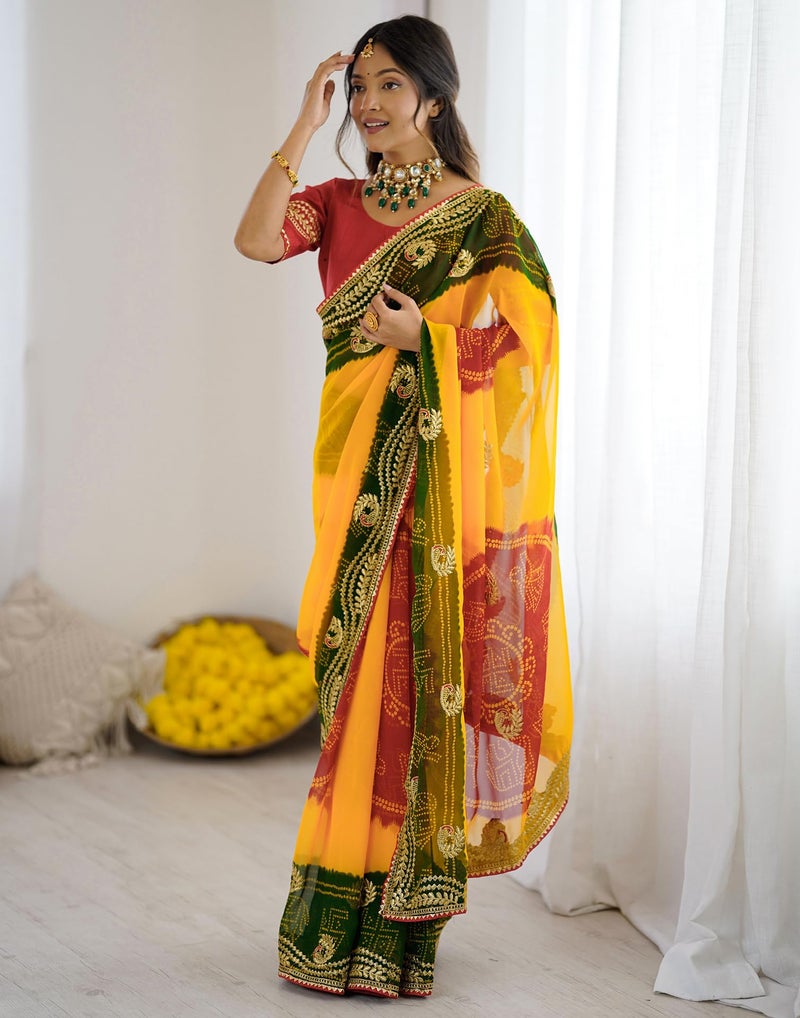 SIRIL Women's Georgette Bandhani Printed Saree with Unstitched blouse (4132S139_Red & Yellow & Green) - Image 2