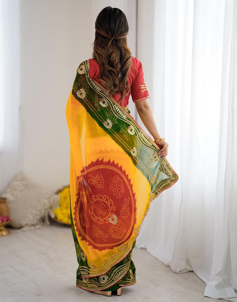 SIRIL Women's Georgette Bandhani Printed Saree with Unstitched blouse (4132S139_Red & Yellow & Green) - Image 5