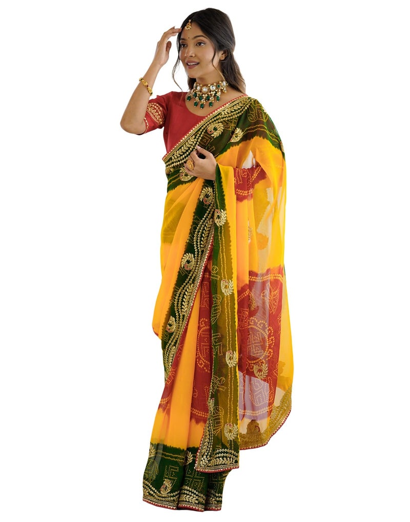 SIRIL Women's Georgette Bandhani Printed Saree with Unstitched blouse (4132S139_Red & Yellow & Green) - Image 1