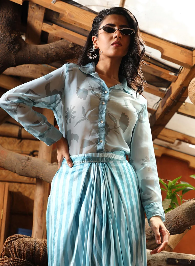 QISSA Women's Sky Blue Block Flared Co-Ord Set