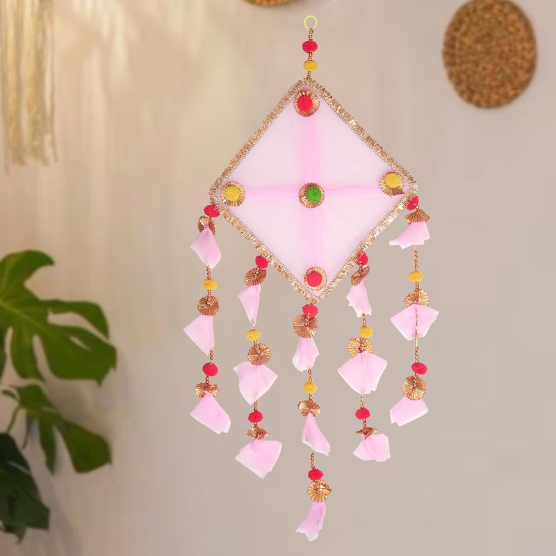 ProKart Premium Tissue Net Fabric Handmade Colorful Pom Pom Kite Hanging Decoration for Wall/Door Hanging Home Décor, Office, Door, Window, Haldi, Mehndi, Festival Decoration Items (Baby Pink) - Image 1