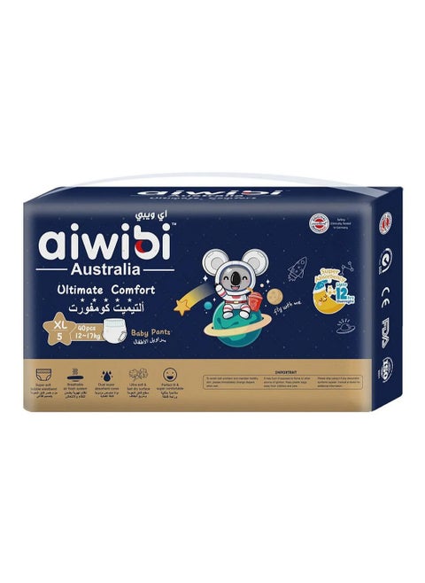 Aiwibi Ultimate Comfort Pant Style Baby Diapers, 40 Pieces, Size 5 XL, 12 to 17kg - Breathable, Silky Soft, Fast Absorbency, Wetness Indicator