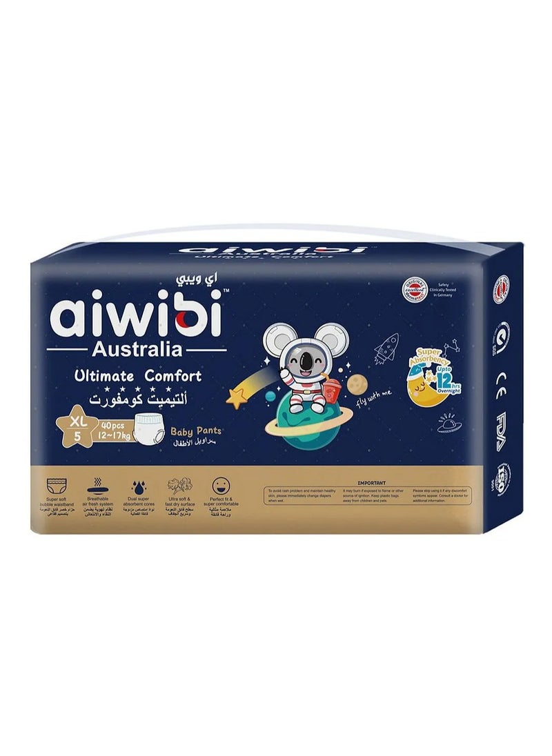 aiwibi Aiwibi Ultimate Comfort Pant Style Baby Diapers, 40 Pieces, Size 5 XL, 12 to 17kg - Breathable, Silky Soft, Fast Absorbency, Wetness Indicator 