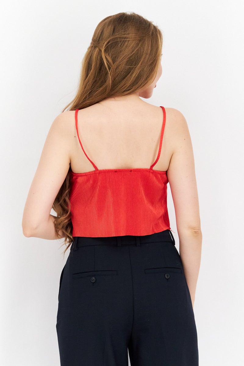 Women V-Neck Sleeveless Solid Top, Red