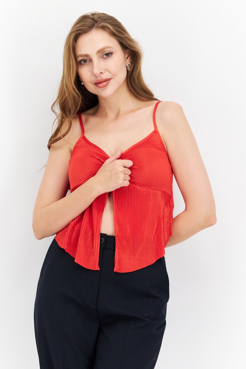 Women V-Neck Sleeveless Solid Top, Red