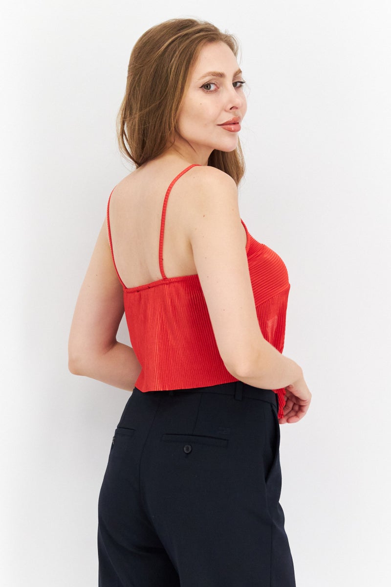 Women V-Neck Sleeveless Solid Top, Red