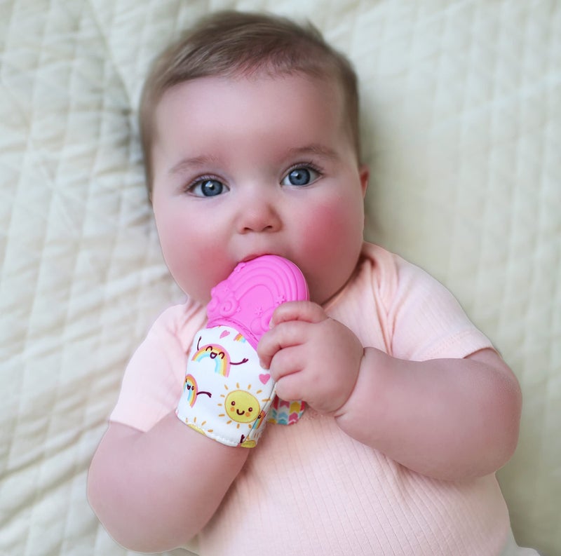 Nuby Happy Hands Silicone Teething Mitten: 3M+, Rainbow, Pink (80725) - Image 1