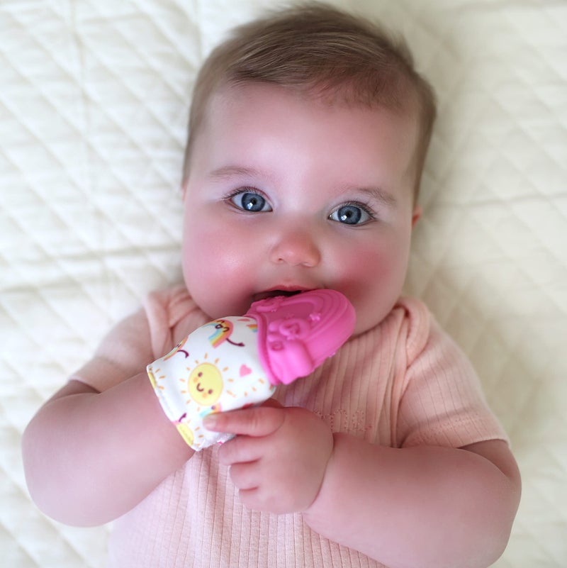 Nuby Happy Hands Silicone Teething Mitten: 3M+, Rainbow, Pink (80725) - Image 5