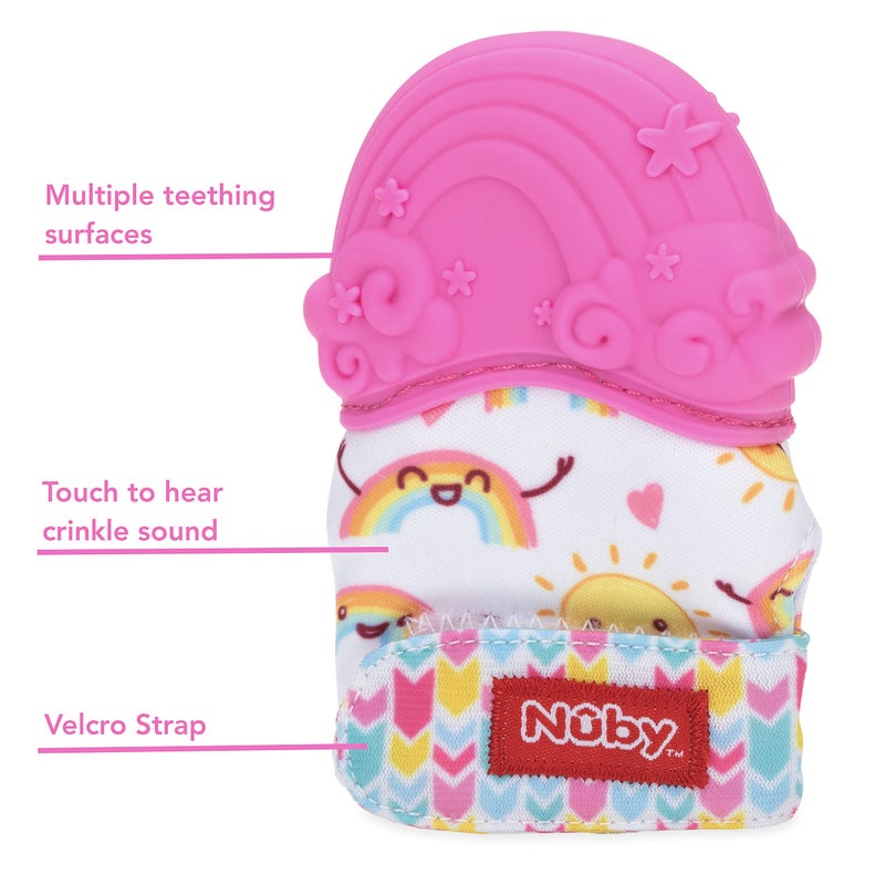 Nuby Happy Hands Silicone Teething Mitten: 3M+, Rainbow, Pink (80725) - Image 2