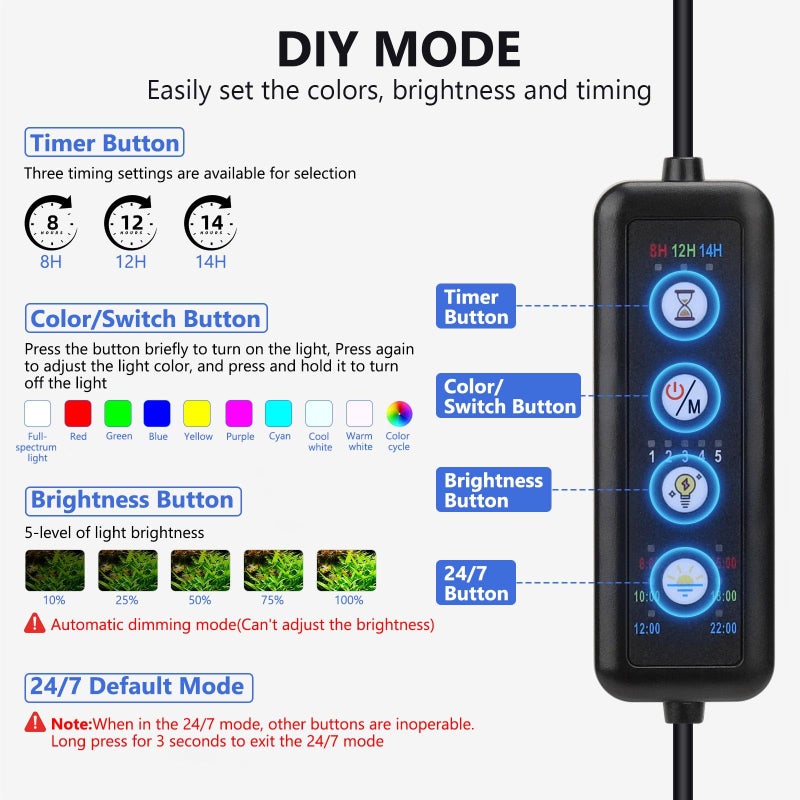 fishkeeper Clip On Aquarium LED Light, 24/7 Mode Full Spectrum Fish Tank Light with Timer, Adjustable 8 Color / 5 Brightness Simulate Sunrise-Day-Sunset-Moon for 7.87-12.99 inch Planted Tank 9W - Image 2