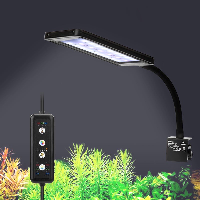 fishkeeper Clip On Aquarium LED Light, 24/7 Mode Full Spectrum Fish Tank Light with Timer, Adjustable 8 Color / 5 Brightness Simulate Sunrise-Day-Sunset-Moon for 7.87-12.99 inch Planted Tank 9W - Image 1
