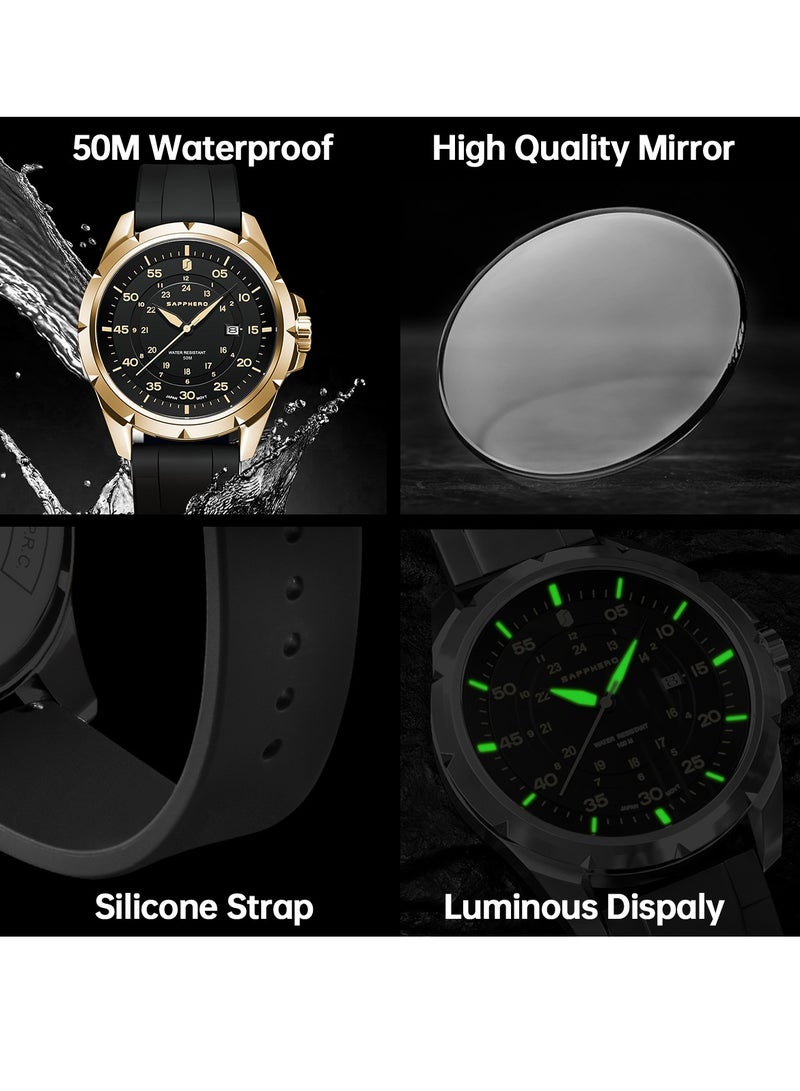 SAPPHERO Men's Silicone Waterproof Watch 5ATM Japanese Quartz Movement Stainless Steel Case Men's Watch Date Design Sport Casual Business Best Gift for Men - Image 4