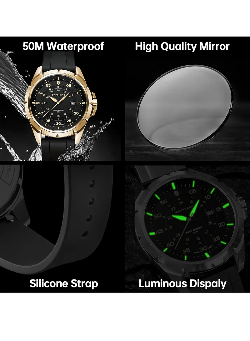 Sapphero  SAPPHERO Men's Silicone Waterproof Watch 5ATM Japanese Quartz Movement Stainless Steel Case Men's Watch Date Design Sport Casual Business Best Gift for Men  | Best Price UAE