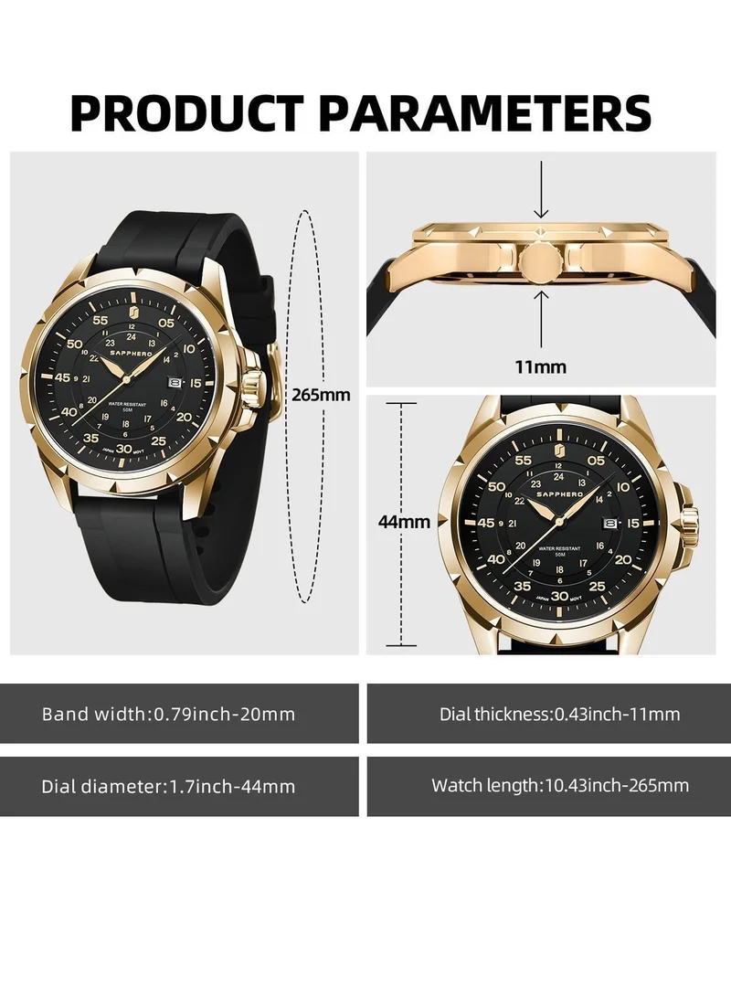 Sapphero  SAPPHERO Men's Silicone Waterproof Watch 5ATM Japanese Quartz Movement Stainless Steel Case Men's Watch Date Design Sport Casual Business Best Gift for Men  | Best Price UAE