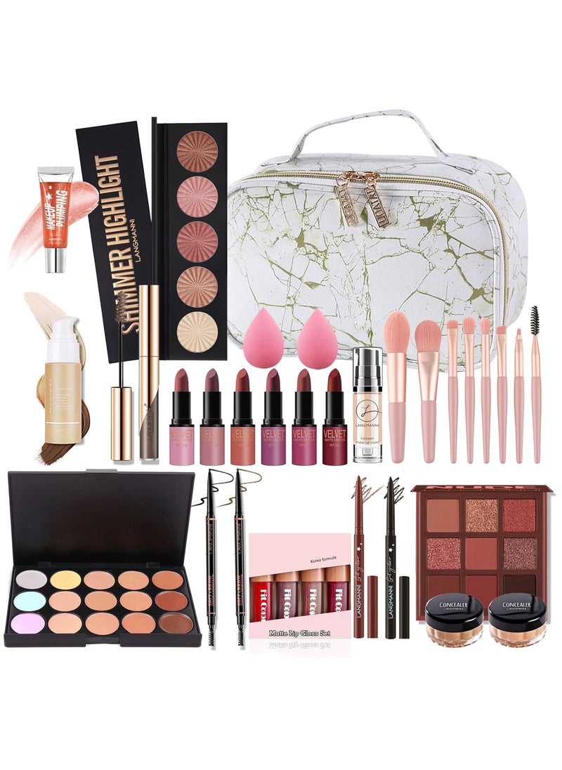 Pure Vie - Pure Vie All-in-One Holiday Gift Surprise Makeup Set Essential Starter Bundle Include Eyeshadow Palette Lipstick Concealer Blush Mascara Eyeliner Face Powder Lipgloss Brush - Full Makeup Kit for Women - Image 1