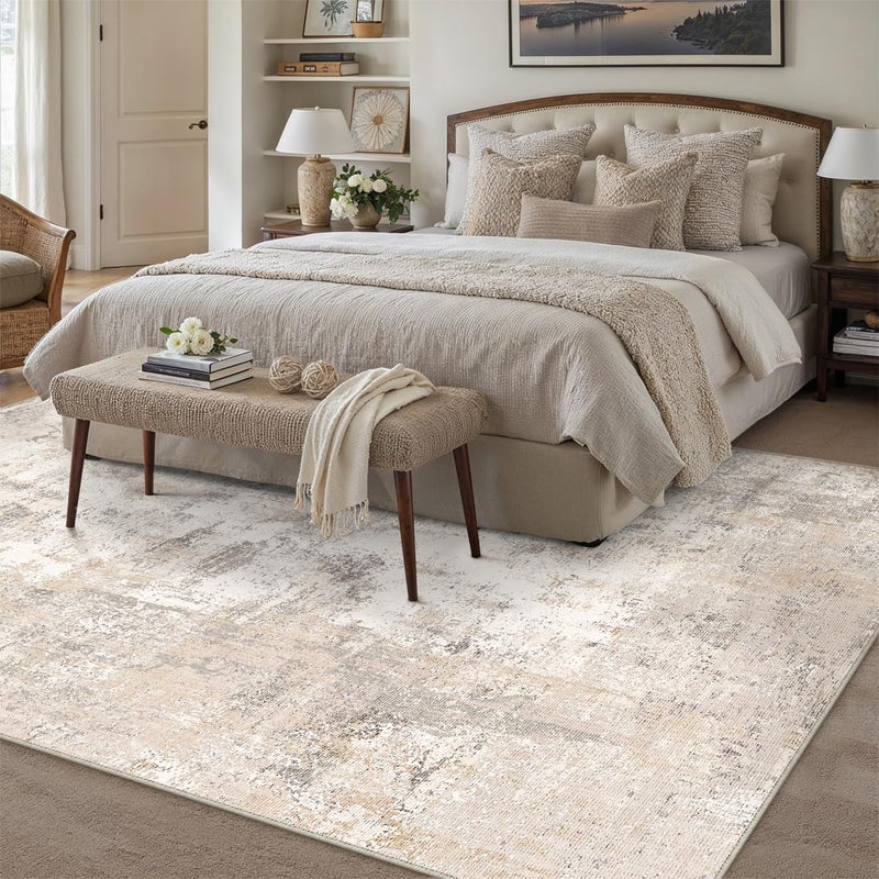 WondRg 5x7 Washable Area Rug Beige Grey Abstract Living Room Bedroom Throw Rug Neutral Modern Non Slip Soft Low Pile Indoor Carpet for Dining Room Office Entryway - Image 3