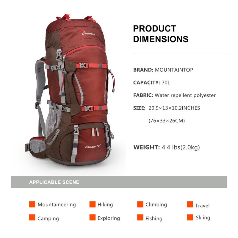 MOUNTAINTOP 70L Hiking Backpack water-resistant Internal Frame Backpacks Large Trekking Mountaineering Rucksack with Rain Cover for Men Women Cover Outdoor - Image 2