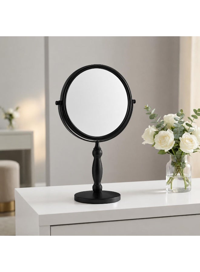 Double-sided round makeup mirror with a magnifying and a normal face, luxurious design - 360° rotation - (matte black color) for desktop beauty purposes. - Image 2