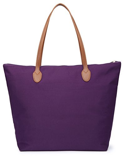 NNEE Water Resistant Light Weight Nylon Tote Bag Handbag - Medium Size, Purple - Image 2