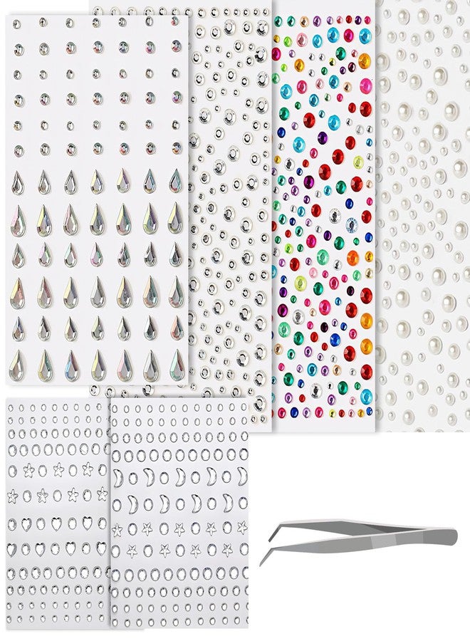 TecoKart® 6 Sheet Hair Stickers for Hair Decoration Face Gems Rhinestones Pearl Stickers Kit for Makeup with Tweezer Self-Adhesive Rhinestone Hair Accessories for Crafts, Nail Art, Clothes Making - Image 1