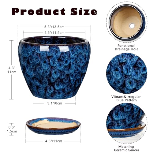 Hollyone Ceramic Planter Blue Ceramic Plant Pot for Plants Flowers 55 inch with Drainage Hole and Saucers Ceramic Glaze Round Flower Plant Pot for Indoor Outdoor Round Succulent Orchid Flower Pot - Image 3