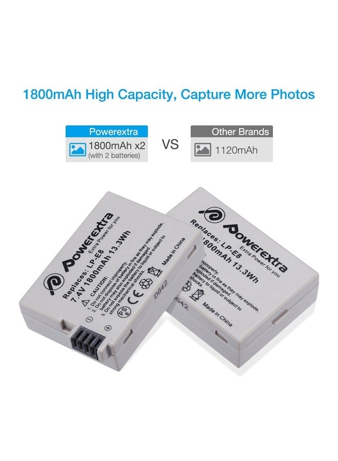 Powerextra LP-E8 2 Pack Compatible with Canon LP E8 Battery and Smart LCD Display Dual USB Charger for Rebel T3i T2i T4i T5i 600D 550D 650D 700D Kiss X5 X4 Kiss X6 Digital Camera - Image 2