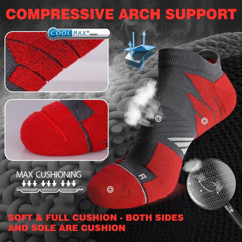 Hylaea No Show Athletic Socks Men, Running Socks No Blisters, Moisture Wicking, with Coolmax Cushion Padded, ideal for Runner, Sports, Gym, Golf, Low Cut, Gray Blue Red Large 3 Pairs - Image 5