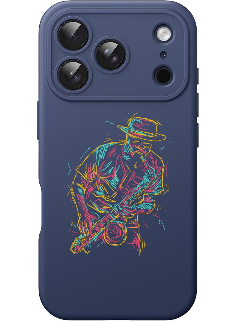 Theodor Protective Slim Fit Case Liquid Silicone Cover with Full Body Protection Anti-Scratch Shockproof Case For Apple iPhone 17 Pro (Blue) Abstract saxophone - Image 1
