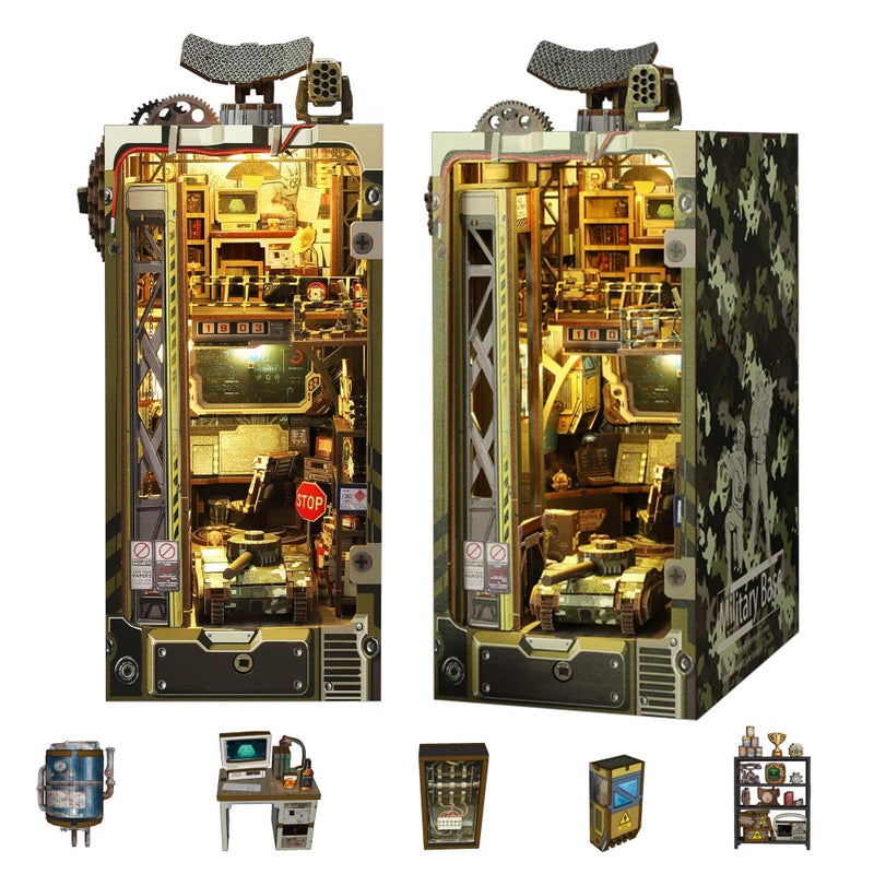 Flever Dollhouse DIY Book Nook Miniature Kit DIY Booknook Bookshelf Insert Decor 3D Wooden Booknook Miniature Kit for Creative Assembled Bookends Military Base - Image 3