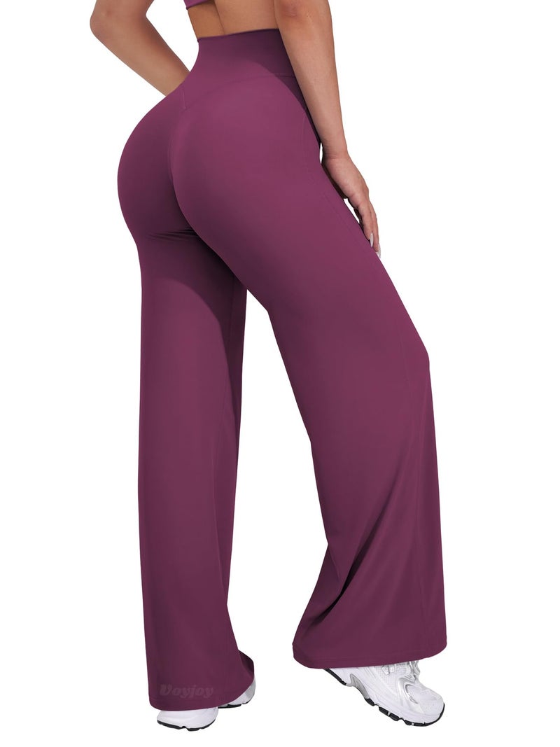 VOYJOY Straight Leggings Bottoms Wide Leg Pants for Women 29"/ 31.5"/33"/35" High Waist Stretch Casual Sweatpants Black Cherry - Image 1