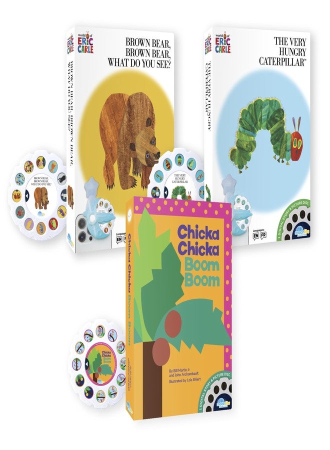 مونليت مجموعة مونلايت ستوري تايم المكونة من 3 بكرات قصصية، تتضمن قصص إريك كارل: اليرقة الجائعة جداً، والدب البني، وقصة تشيكا تشيكا بوم بوم، وقصص رقمية، وهدايا تعليمية مبكرة للأطفال. يُباع جهاز العرض بشكل منفصل. - Image 1