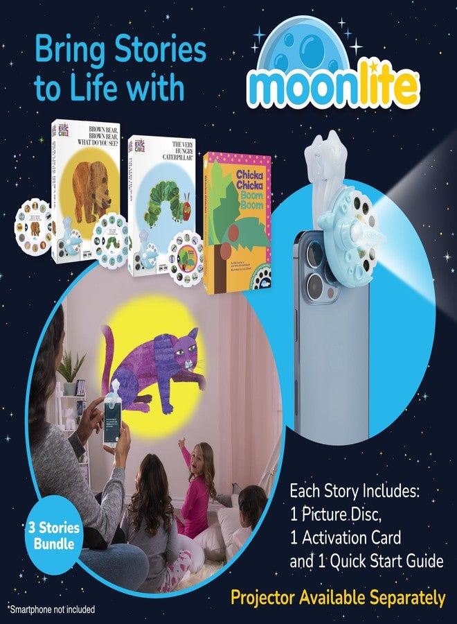 مونليت مجموعة مونلايت ستوري تايم المكونة من 3 بكرات قصصية، تتضمن قصص إريك كارل: اليرقة الجائعة جداً، والدب البني، وقصة تشيكا تشيكا بوم بوم، وقصص رقمية، وهدايا تعليمية مبكرة للأطفال. يُباع جهاز العرض بشكل منفصل. - Image 2