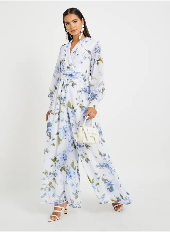 ستايلي Floral Print V-Neck Wide Leg Jumpsuit