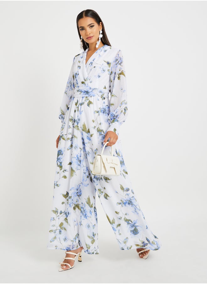 Styli Floral Print V-Neck Wide Leg Jumpsuit  - Image 1